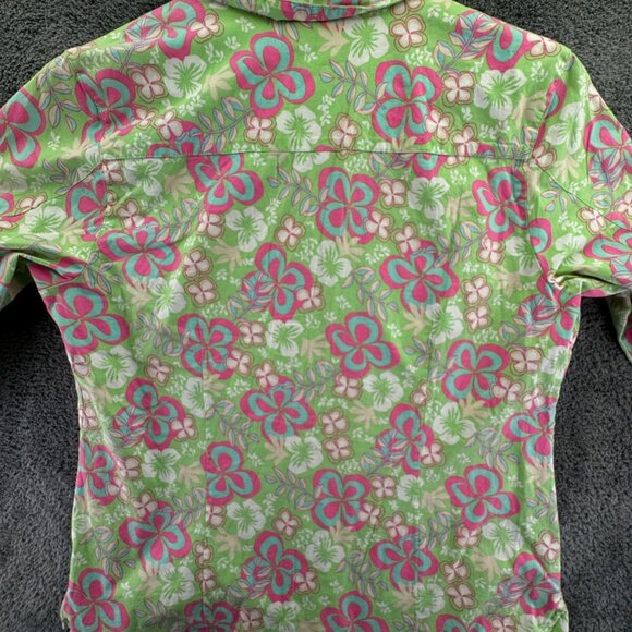 Duck Head Medium Women Button Up Floral Shirt Green Pink 1/2 Sleeve Stretch - Picture 14 of 14